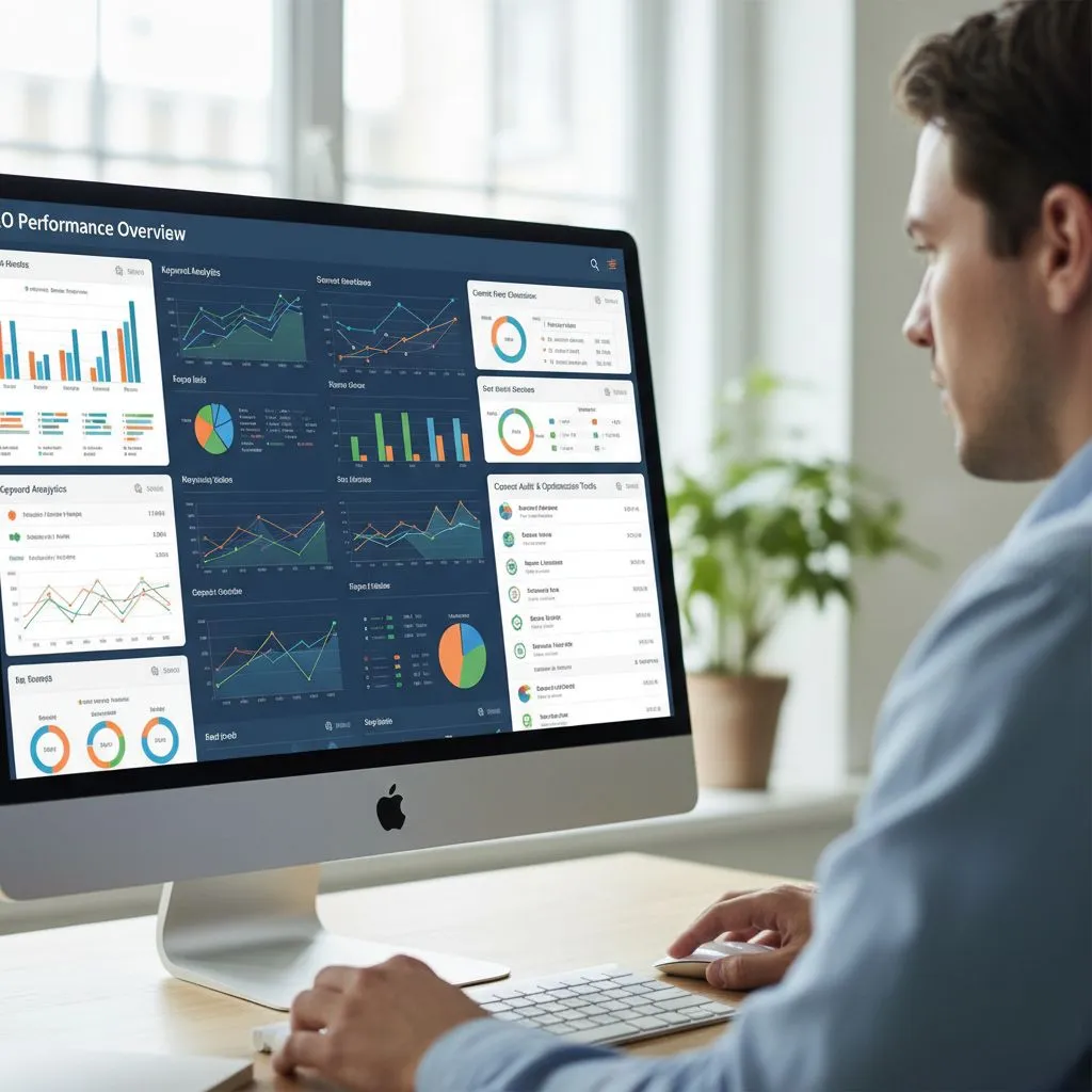 Zdjęcie przedstawiające osobę analizującą dane na komputerze z wykresami SEO i narzędziami analitycznymi, bez napisów, symbolizujące audyt i optymalizację treści.