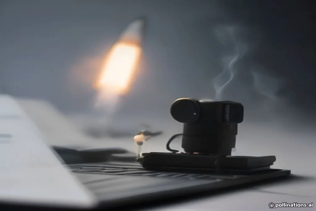Mały model rakiety startujący z klawiatury laptopa