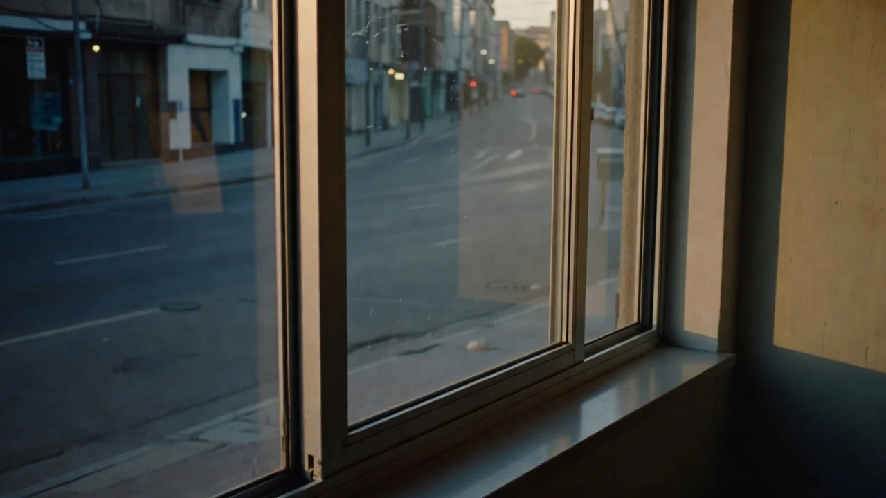 Laminated acoustic glass window overlooking a busy urban street at dusk