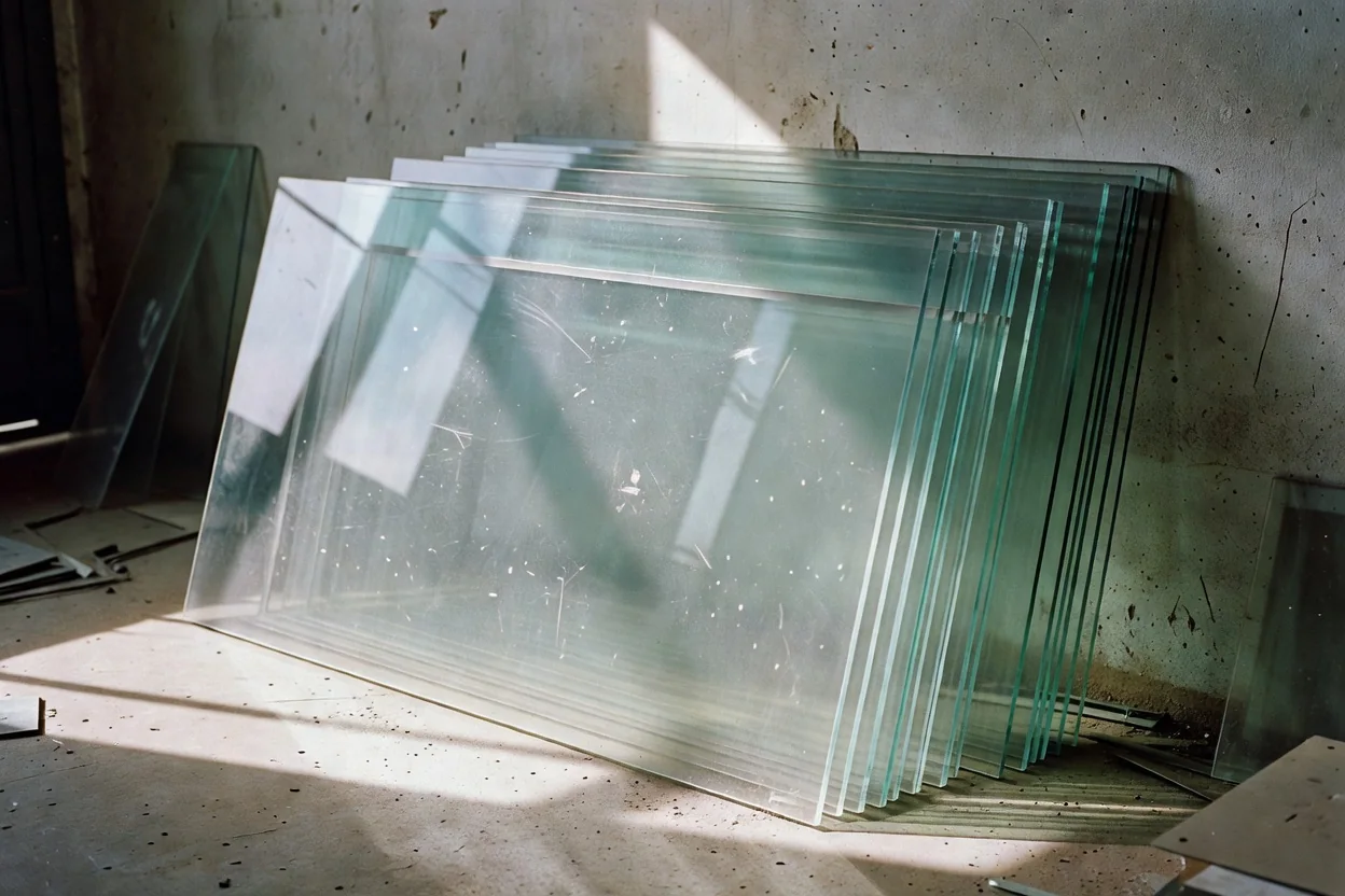 Close-up of annealed float glass pane showing its smooth surface and clean edge