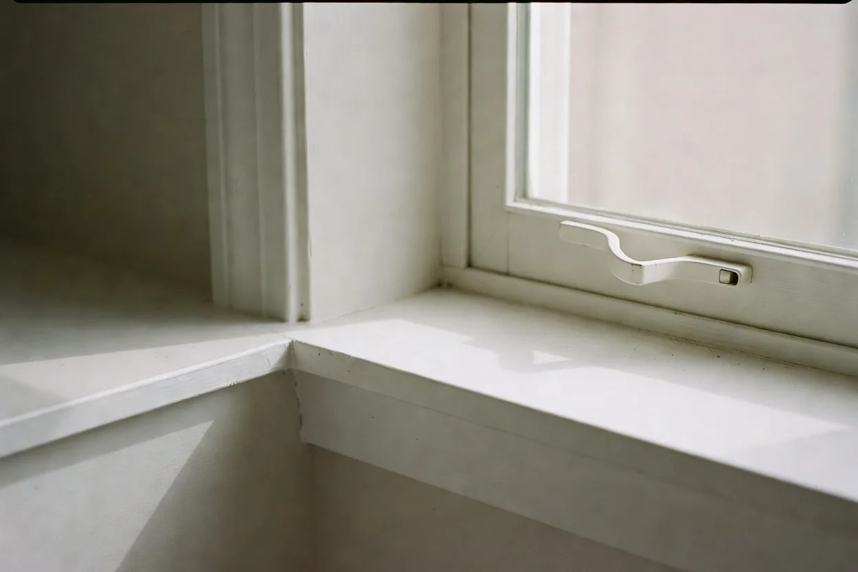 Close-up of a window safety restrictor latch on a low windowsill in a bright nursery corner