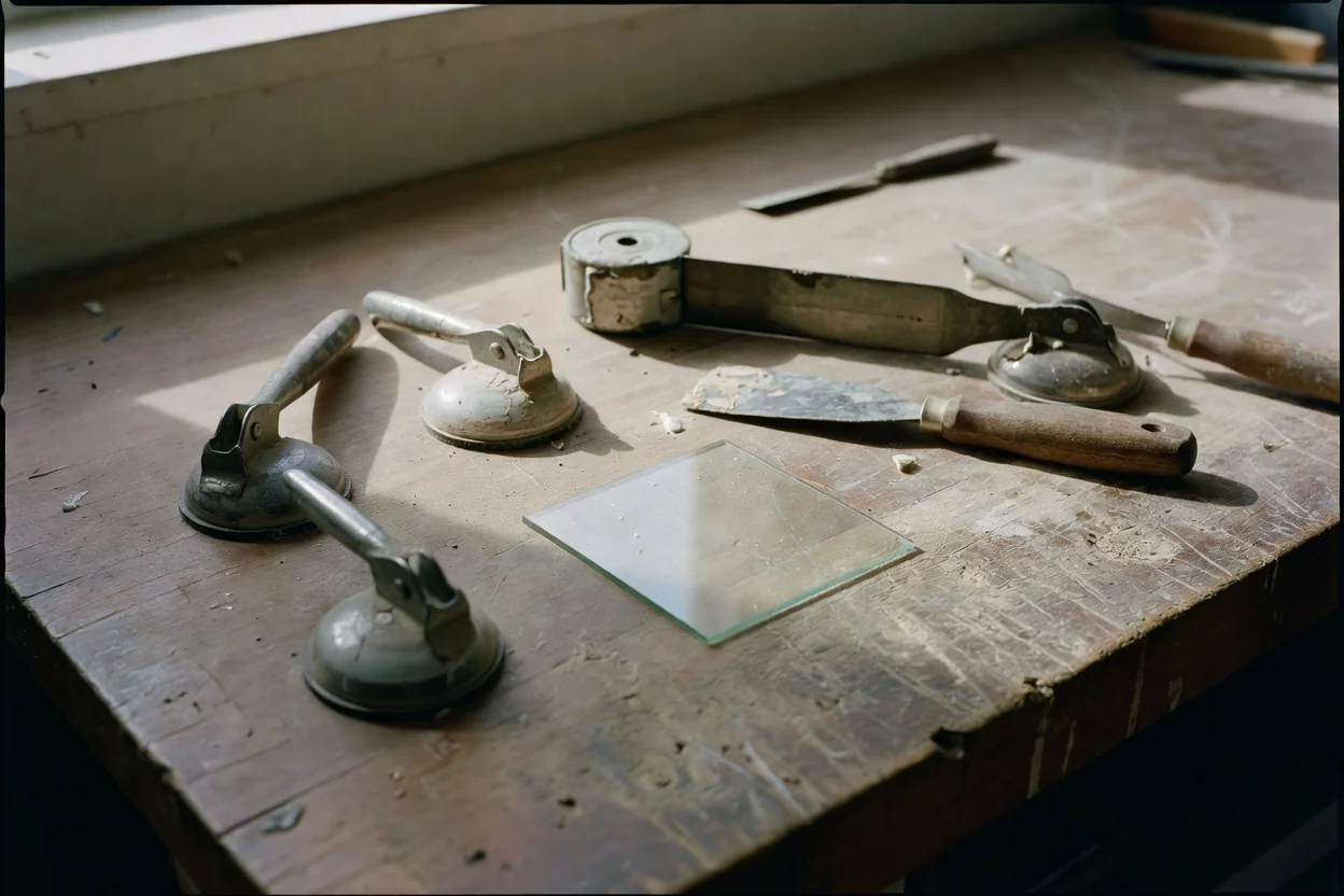 Comparison of DIY glass replacement tools and professional glazier installation on a residential window
