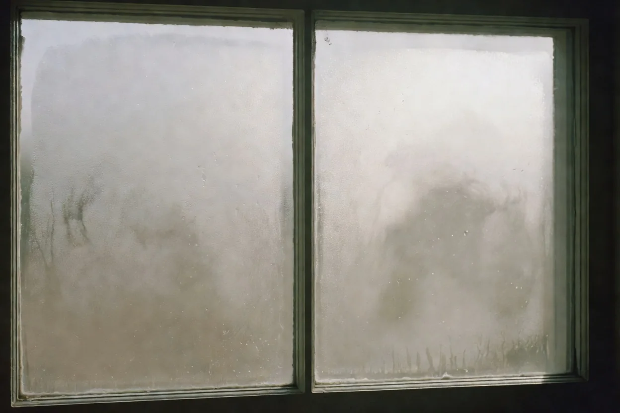Close-up of a residential window showing persistent fog trapped between glass panes on a cold morning