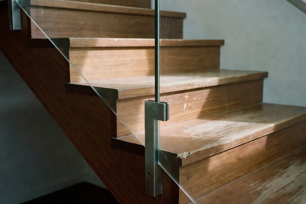 Modern glass railing system on a contemporary deck overlooking a garden