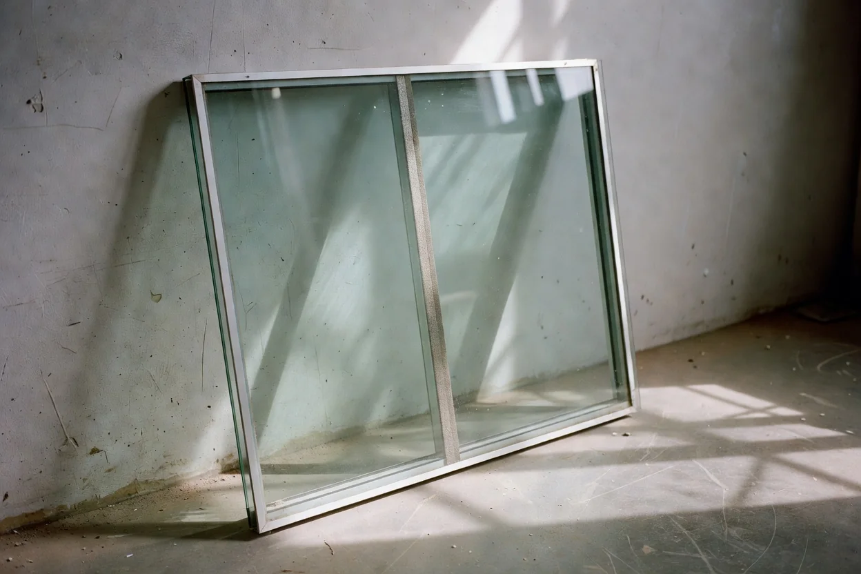 Close-up of a double-pane window showing fog between the glass layers, with a warranty document and tools on the sill