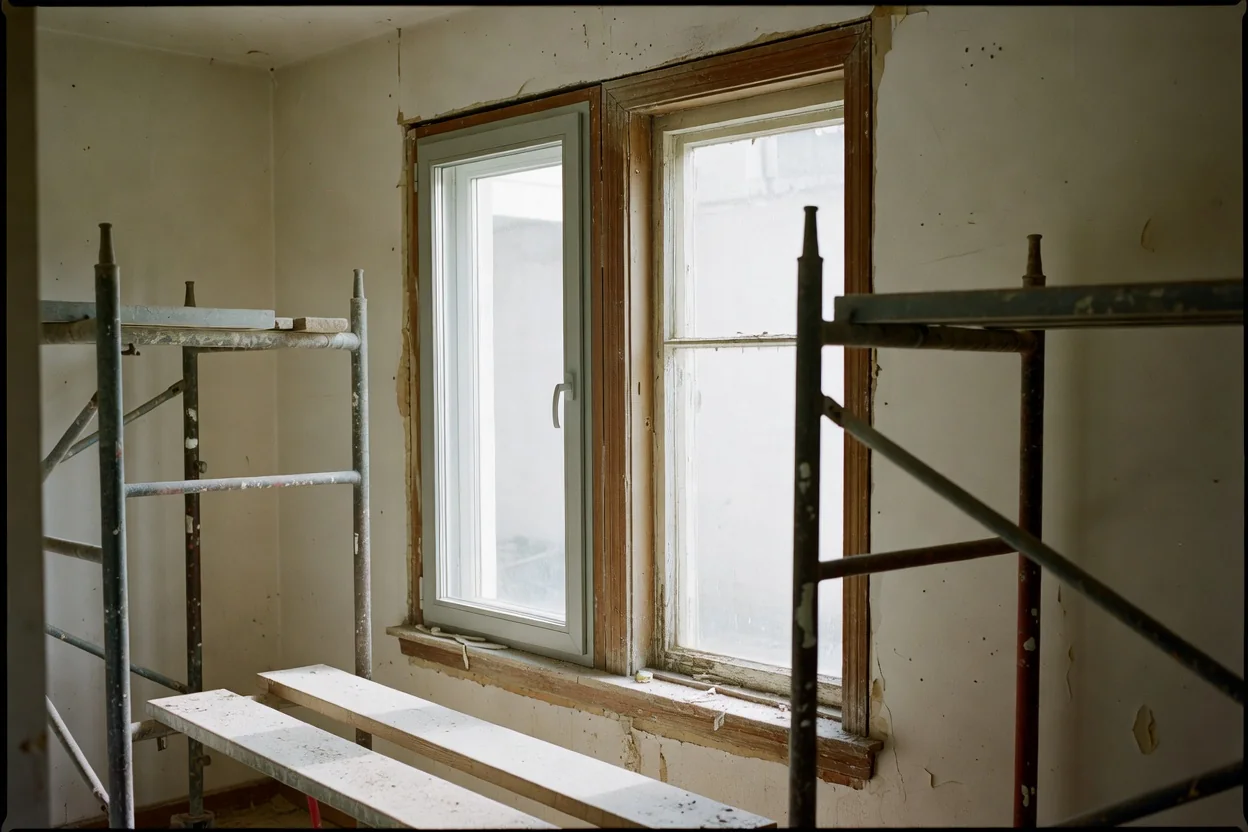 Cross-section comparison of new-build window installation versus retrofit insert window in an older masonry wall