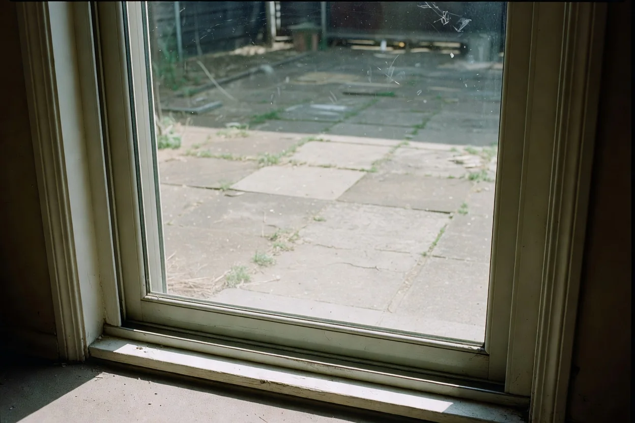 Sliding patio door with one panel removed showing the tempered glass edge and roller assembly